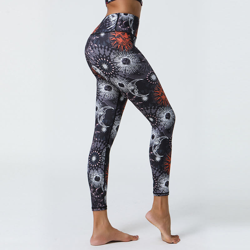 Buddha Stones Fiori Piume Sole Luna Stampa Sport Fitness Yoga Vita Alta Leggings Pantaloni Donna