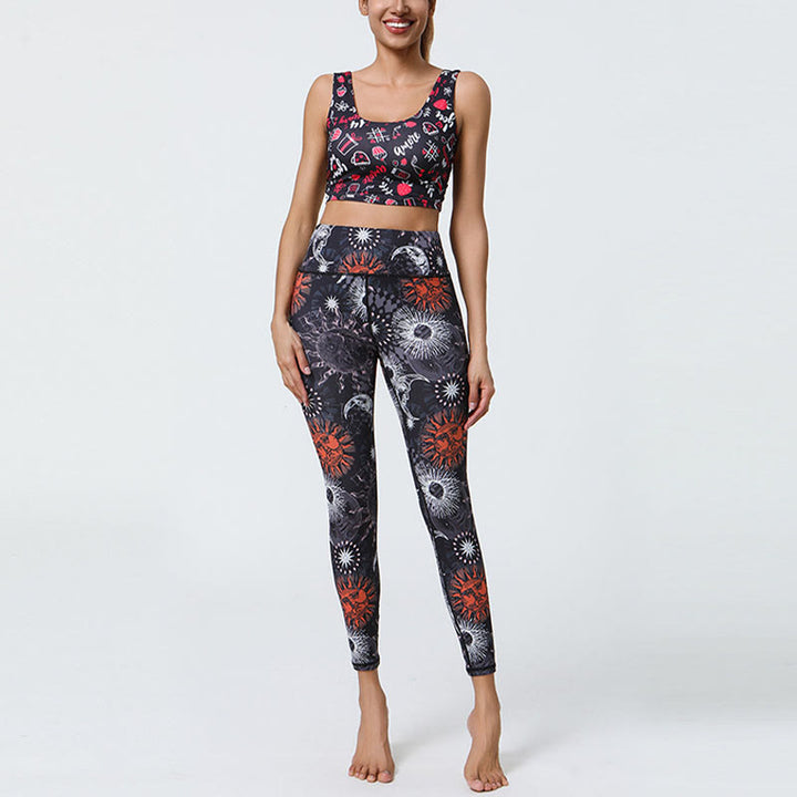 Buddha Stones Fiori Piume Sole Luna Stampa Sport Fitness Yoga Vita Alta Leggings Pantaloni Donna