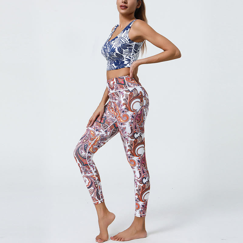Buddha Stones Fiori Piume Sole Luna Stampa Sport Fitness Yoga Vita Alta Leggings Pantaloni Donna