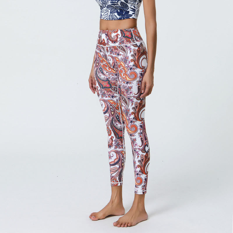 Leggings da donna a vita alta con stampa Buddha Stones, fiori, piume, sole e luna, ideali per sport, fitness e yoga. - Motivo bianco e rosso - US12, UK/AU16, EU44 (XL) - image 16