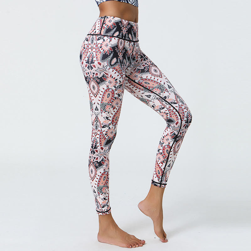 Buddha Stones Fiori Piume Sole Luna Stampa Sport Fitness Yoga Vita Alta Leggings Pantaloni Donna