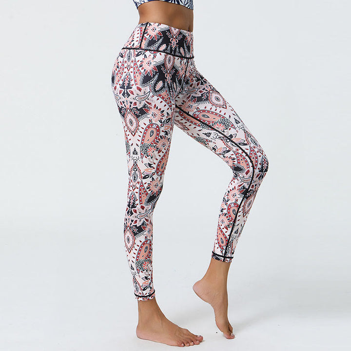 Buddha Stones Fiori Piume Sole Luna Stampa Sport Fitness Yoga Vita Alta Leggings Pantaloni Donna
