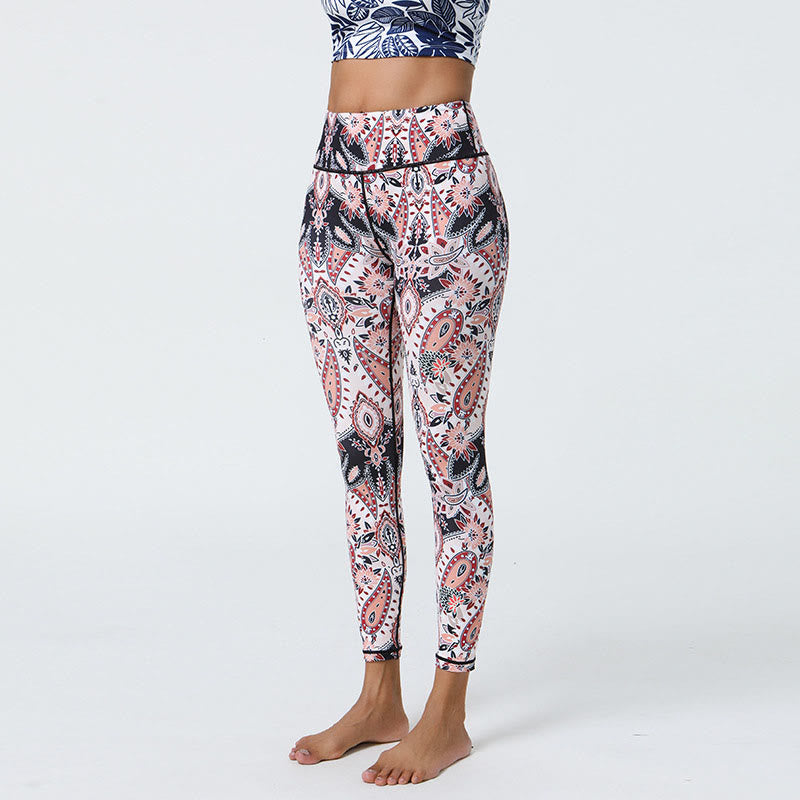 Buddha Stones Fiori Piume Sole Luna Stampa Sport Fitness Yoga Vita Alta Leggings Pantaloni Donna