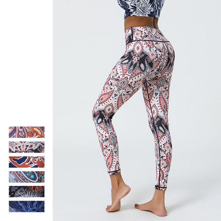 Buddha Stones Fiori Piume Sole Luna Stampa Sport Fitness Yoga Vita Alta Leggings Pantaloni Donna