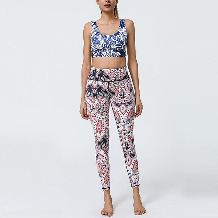 Buddha Stones Fiori Piume Sole Luna Stampa Sport Fitness Yoga Vita Alta Leggings Pantaloni Donna