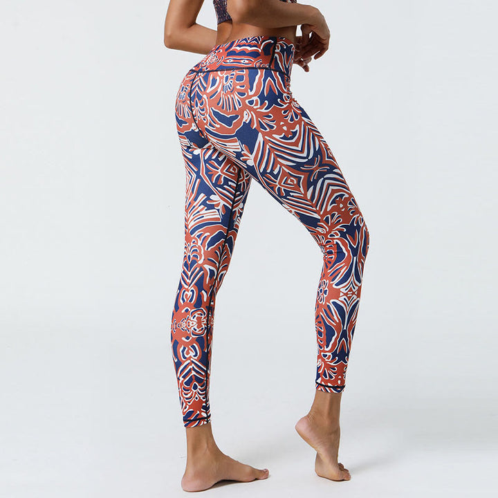 Buddha Stones Fiori Piume Sole Luna Stampa Sport Fitness Yoga Vita Alta Leggings Pantaloni Donna