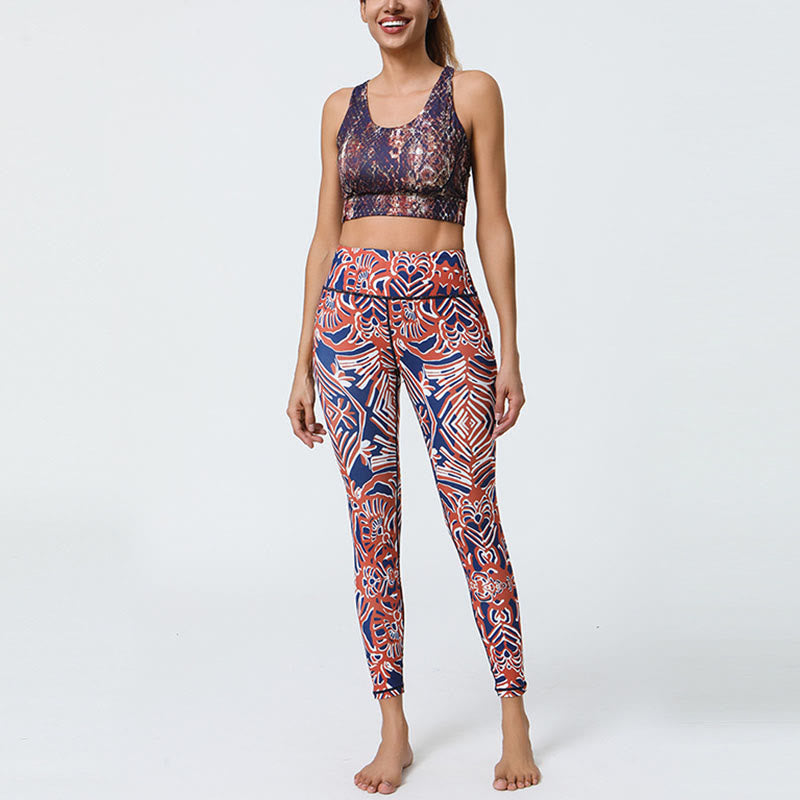 Buddha Stones Fiori Piume Sole Luna Stampa Sport Fitness Yoga Vita Alta Leggings Pantaloni Donna