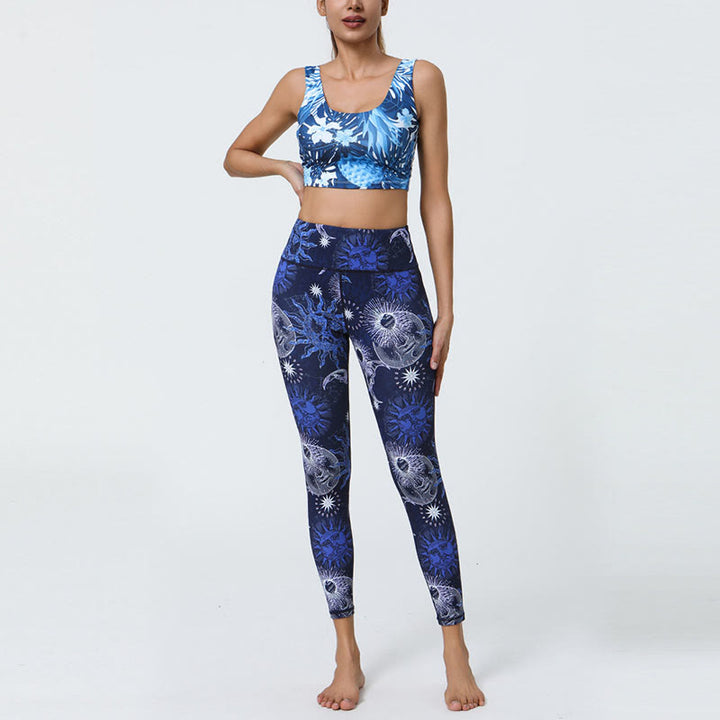 Buddha Stones Fiori Piume Sole Luna Stampa Sport Fitness Yoga Vita Alta Leggings Pantaloni Donna
