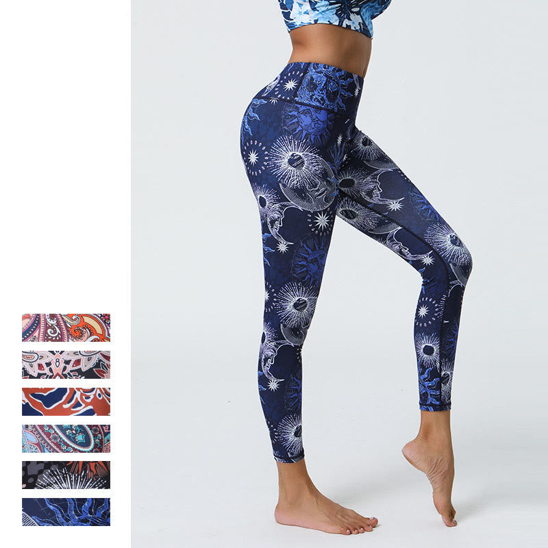 Buddha Stones Fiori Piume Sole Luna Stampa Sport Fitness Yoga Vita Alta Leggings Pantaloni Donna