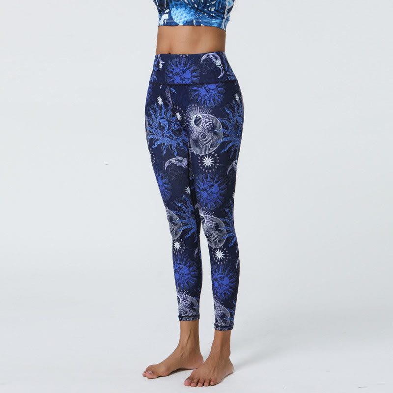 Buddha Stones Fiori Piume Sole Luna Stampa Sport Fitness Yoga Vita Alta Leggings Pantaloni Donna - Sole blu scuro Luna bianca - US12, UK/AU16, EU44 (XL) - image 11