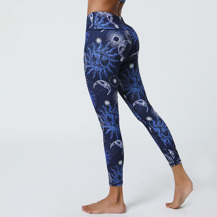 Buddha Stones Fiori Piume Sole Luna Stampa Sport Fitness Yoga Vita Alta Leggings Pantaloni Donna