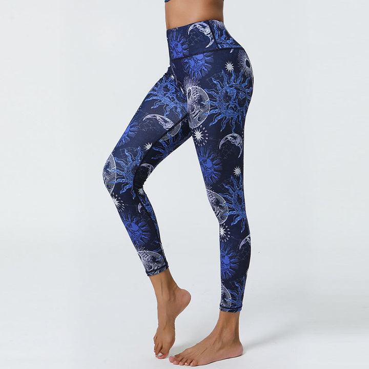Buddha Stones Fiori Piume Sole Luna Stampa Sport Fitness Yoga Vita Alta Leggings Pantaloni Donna