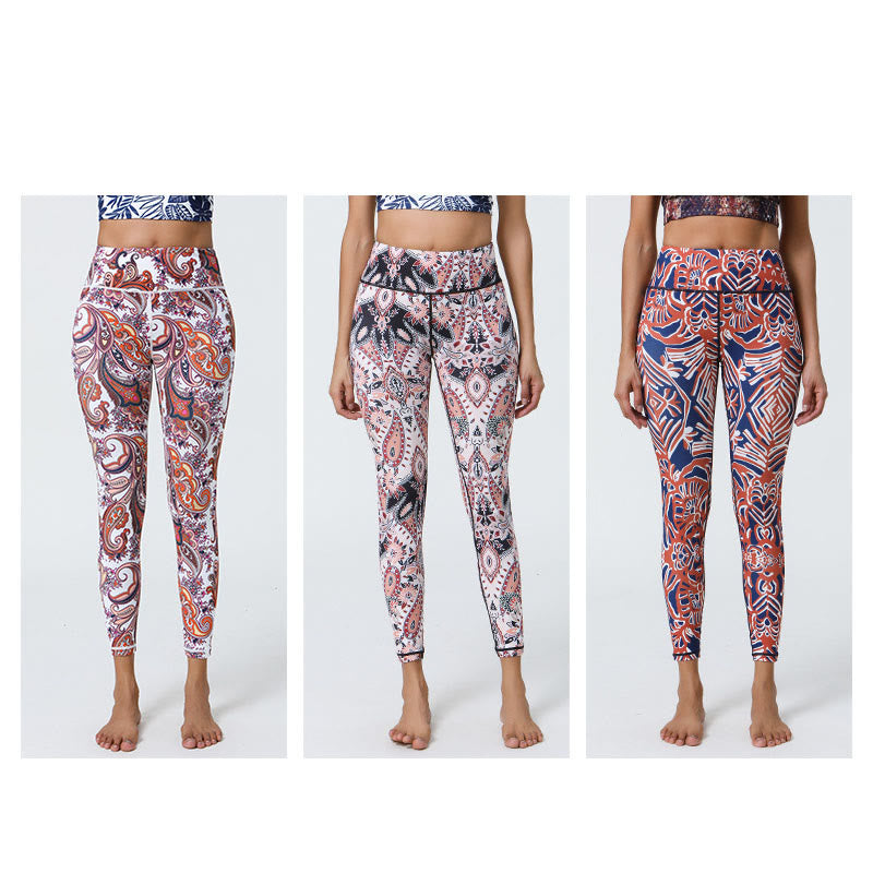 Buddha Stones Fiori Piume Sole Luna Stampa Sport Fitness Yoga Vita Alta Leggings Pantaloni Donna
