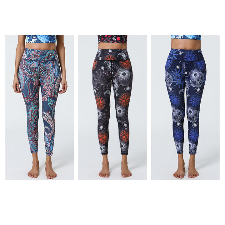 Buddha Stones Fiori Piume Sole Luna Stampa Sport Fitness Yoga Vita Alta Leggings Pantaloni Donna