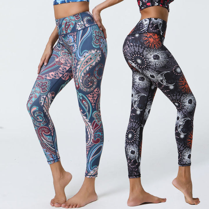 Buddha Stones Fiori Piume Sole Luna Stampa Sport Fitness Yoga Vita Alta Leggings Pantaloni Donna