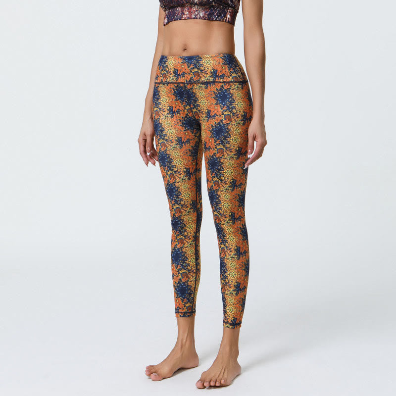 Buddha Stones Fiori Geometrico Mandala Stampa Sport Fitness Yoga Vita Alta Leggings Pantaloni Donna - Fiori gialli blu - US12, UK/AU16, EU44 (XL) - image 1