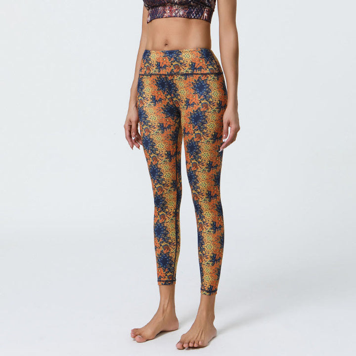 Buddha Stones Fiori Geometrico Mandala Stampa Sport Fitness Yoga Vita Alta Leggings Pantaloni Donna - Fiori gialli blu - US12, UK/AU16, EU44 (XL) - image 1