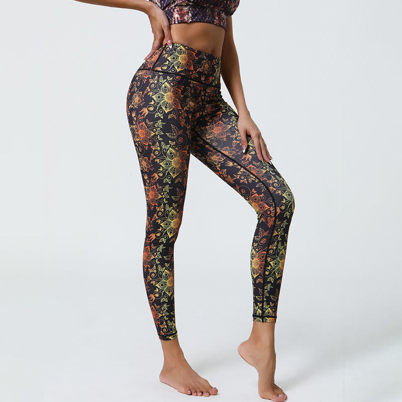 Buddha Stones Fiori Geometrico Mandala Stampa Sport Fitness Yoga Vita Alta Leggings Pantaloni Donna