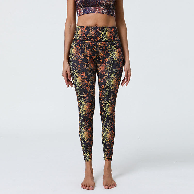 Buddha Stones Fiori Geometrico Mandala Stampa Sport Fitness Yoga Vita Alta Leggings Pantaloni Donna - Fiori gialli neri - US12, UK/AU16, EU44 (XL) - image 7