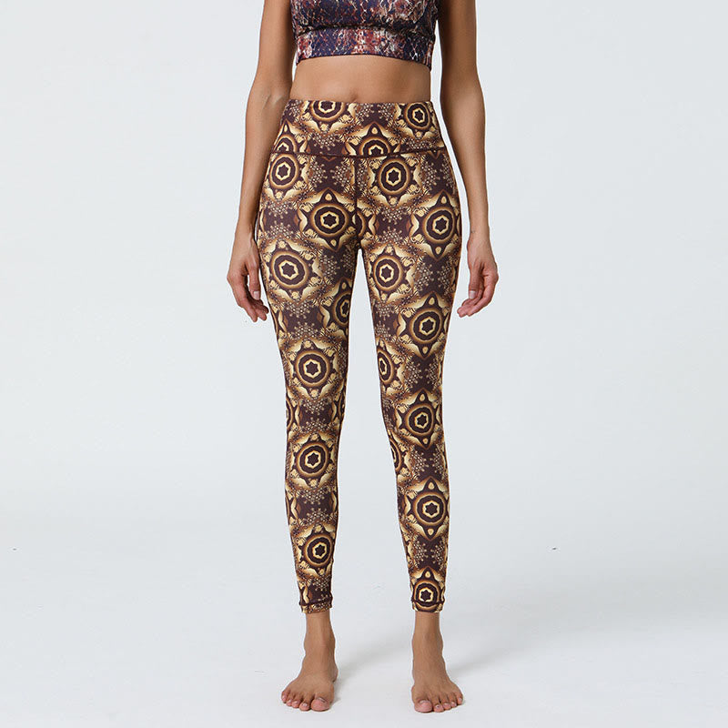 Buddha Stones Fiori Geometrico Mandala Stampa Sport Fitness Yoga Vita Alta Leggings Pantaloni Donna - Cerchi marroni - US12, UK/AU16, EU44 (XL) - image 26