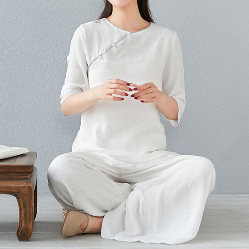 Buddha Stones 2 pezzi, manica a tre quarti, camicia a maniche lunghe, pantaloni larghi, meditazione, cotone e lino, set da donna - Bianco - Manica a tre quarti - US8-10, UK/AU12-14, EU40-42 (3XL) - image 8
