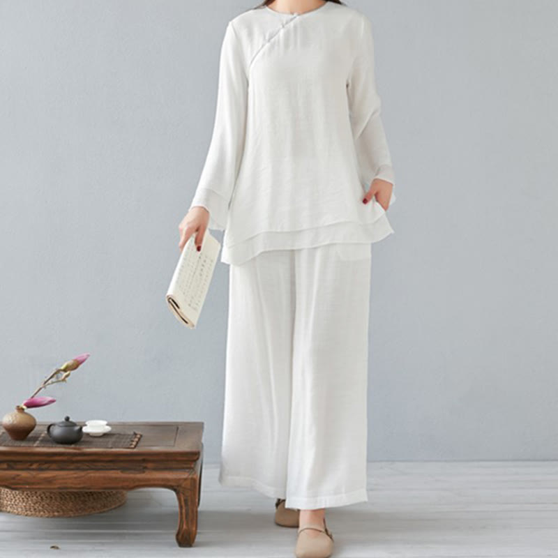Buddha Stones 2 pezzi, manica a tre quarti, camicia a maniche lunghe, pantaloni larghi, meditazione, cotone e lino, set da donna - Bianco - Manica lunga - US8-10, UK/AU12-14, EU40-42 (3XL) - image 0