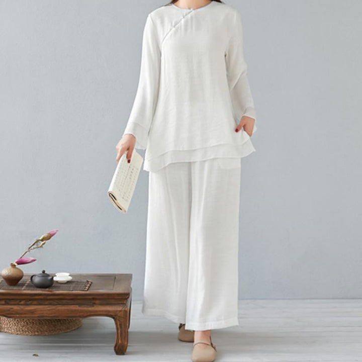 Buddha Stones 2 pezzi, manica a tre quarti, camicia a maniche lunghe, pantaloni larghi, meditazione, cotone e lino, set da donna - Bianco - Manica lunga - US8-10, UK/AU12-14, EU40-42 (3XL) - image 0