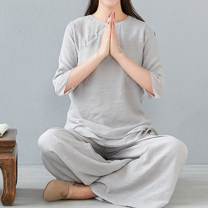 Buddha Stones 2 pezzi, manica a tre quarti, camicia a maniche lunghe, pantaloni larghi, meditazione, cotone e lino, set da donna - Gainsboro - Manica a tre quarti - US8-10, UK/AU12-14, EU40-42 (3XL) - image 26