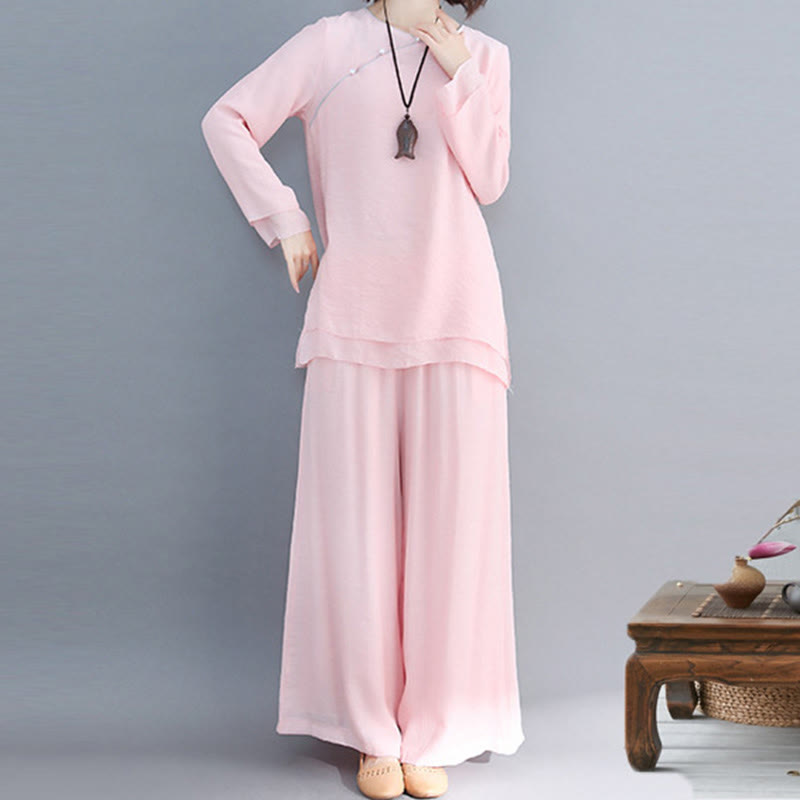 Buddha Stones 2 pezzi, manica a tre quarti, camicia a maniche lunghe, pantaloni larghi, meditazione, cotone e lino, set da donna - Lavanda Rosa - Manica lunga - US8-10, UK/AU12-14, EU40-42 (3XL) - image 14
