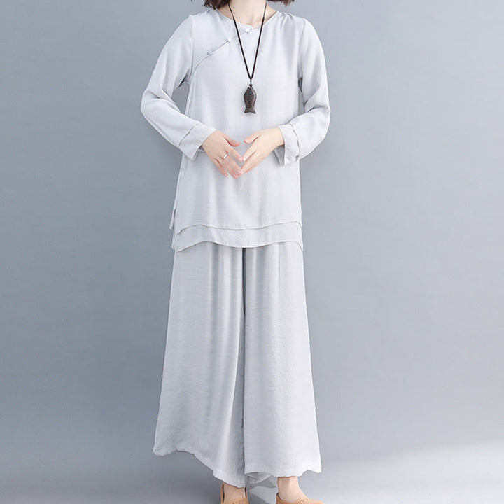 Buddha Stones 2 pezzi, manica a tre quarti, camicia a maniche lunghe, pantaloni larghi, meditazione, cotone e lino, set da donna - Gainsboro - Manica lunga - US8-10, UK/AU12-14, EU40-42 (3XL) - image 26