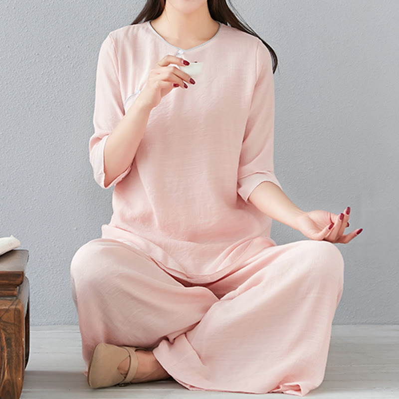 Buddha Stones 2 pezzi, manica a tre quarti, camicia a maniche lunghe, pantaloni larghi, meditazione, cotone e lino, set da donna - image 20