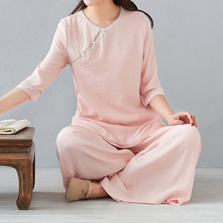Buddha Stones 2 pezzi, manica a tre quarti, camicia a maniche lunghe, pantaloni larghi, meditazione, cotone e lino, set da donna - image 19