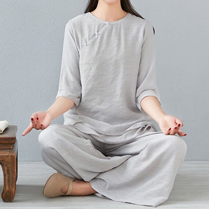 Buddha Stones 2 pezzi, manica a tre quarti, camicia a maniche lunghe, pantaloni larghi, meditazione, cotone e lino, set da donna - image 28