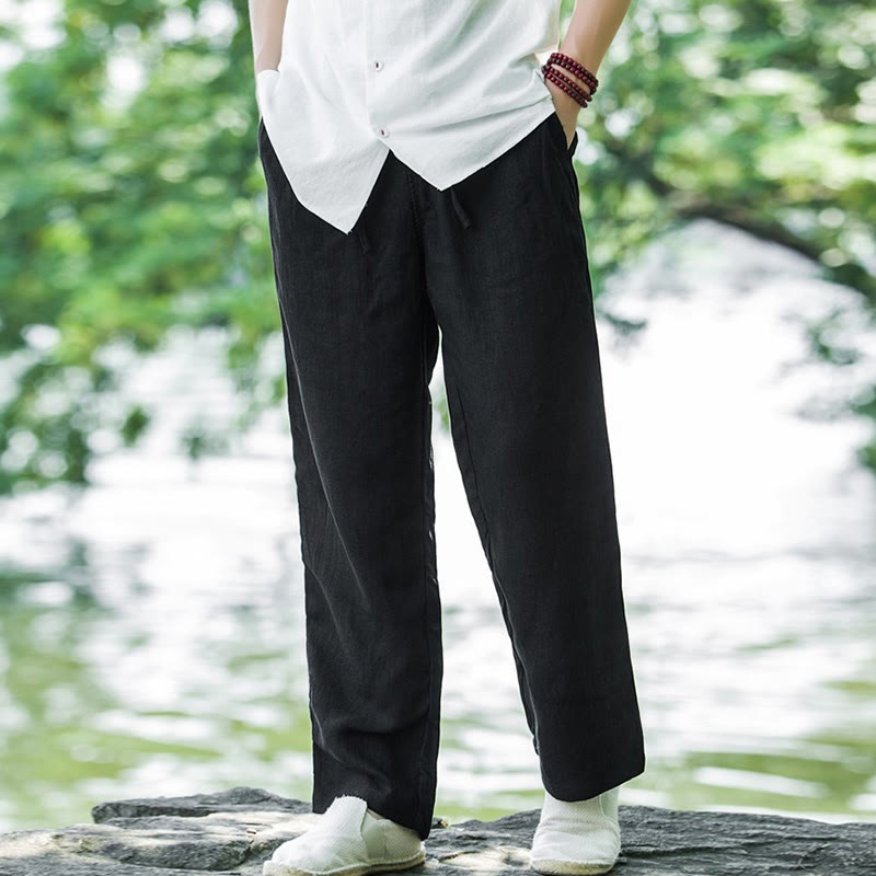 Pantaloni larghi da uomo in cotone tinta unita Buddha Stones con tasche - Nero - US/UK/AU50, EU60 (5XL) - image 5