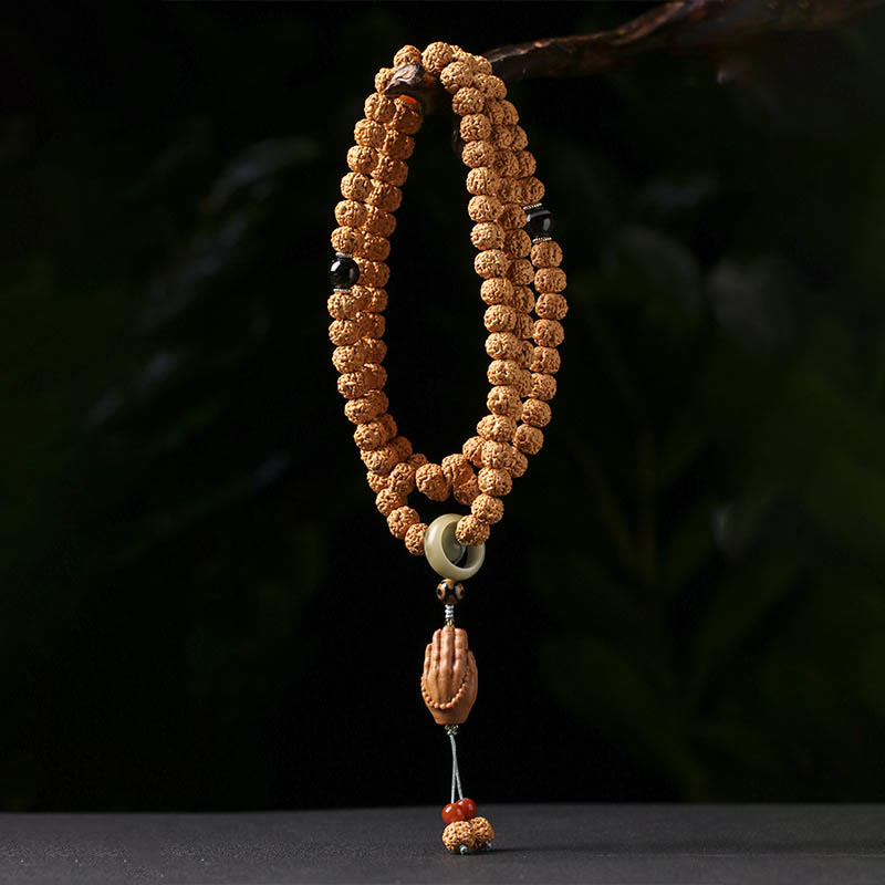 Buddha Stones Semi di Bodhi Perlina Dzi a tre occhi Ciondolo della mano del Buddha Bracciale della ricchezza