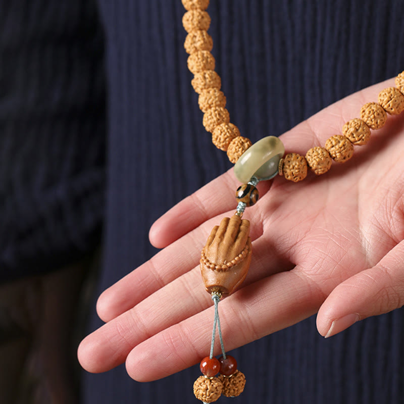 Buddha Stones Semi di Bodhi Perlina Dzi a tre occhi Ciondolo della mano del Buddha Bracciale della ricchezza