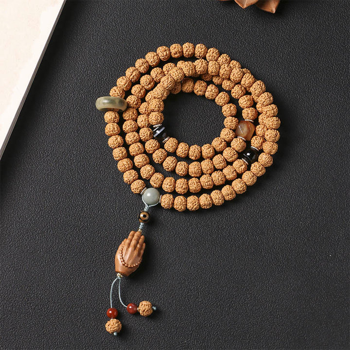 Buddha Stones Semi di Bodhi Perlina Dzi a tre occhi Ciondolo della mano del Buddha Bracciale della ricchezza