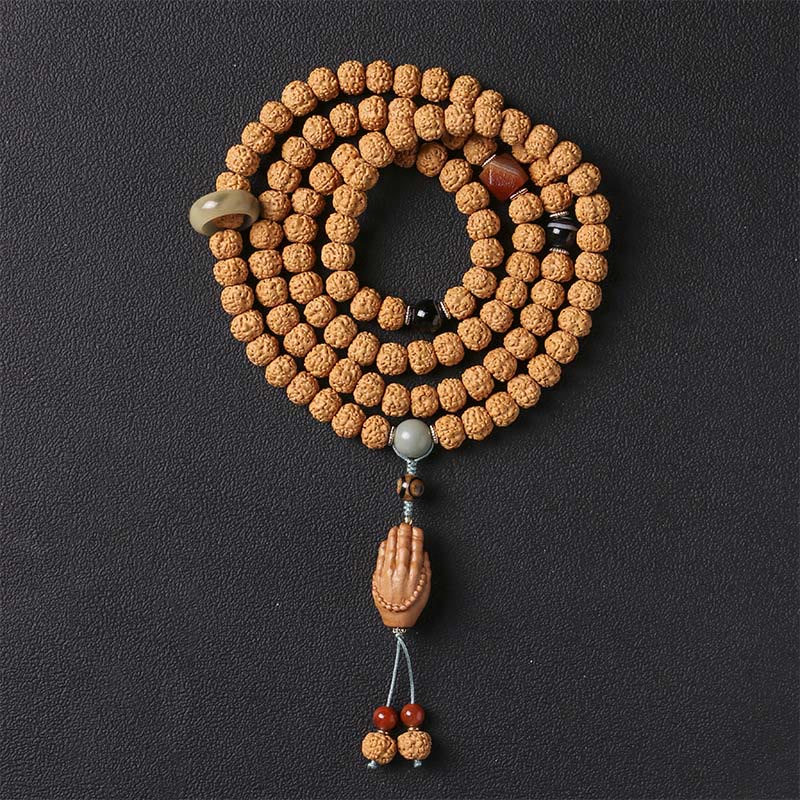 Buddha Stones Semi di Bodhi Perlina Dzi a tre occhi Ciondolo della mano del Buddha Bracciale della ricchezza