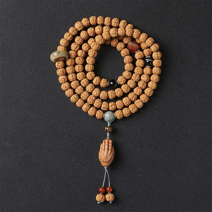 Buddha Stones Semi di Bodhi Perlina Dzi a tre occhi Ciondolo della mano del Buddha Bracciale della ricchezza