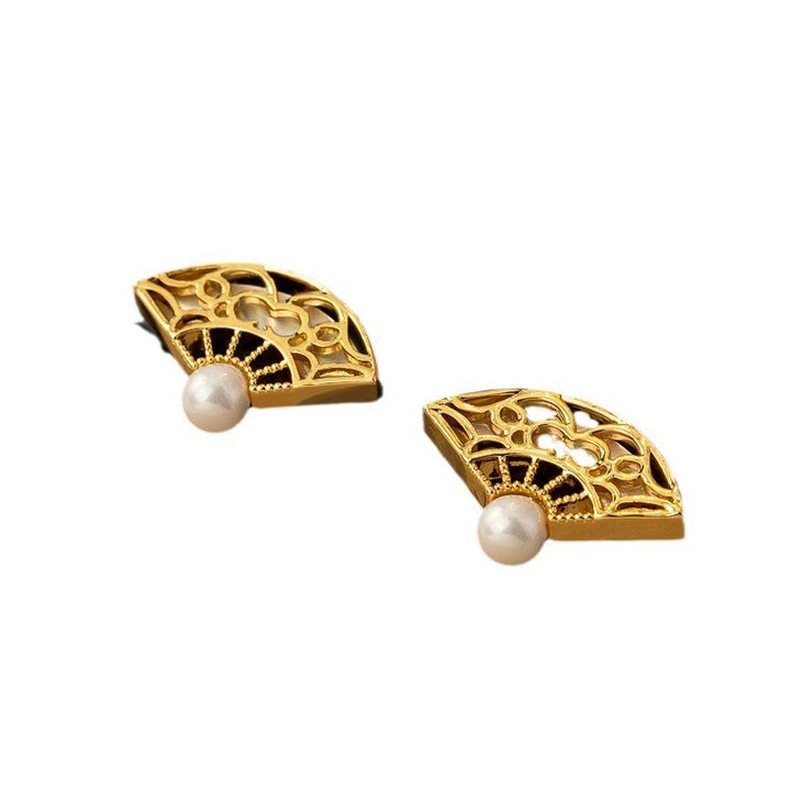 Orecchini pendenti con perno in rame e perla con motivo a ventaglio in argento sterling 925 Buddha Stones