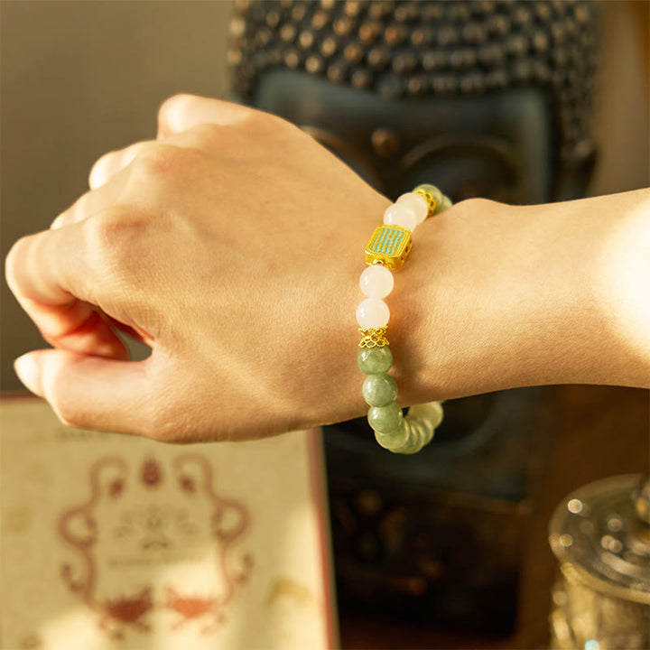 Braccialetto Buddha Stones Natural Green Jade White Agate Five Scriptures Abbondanza