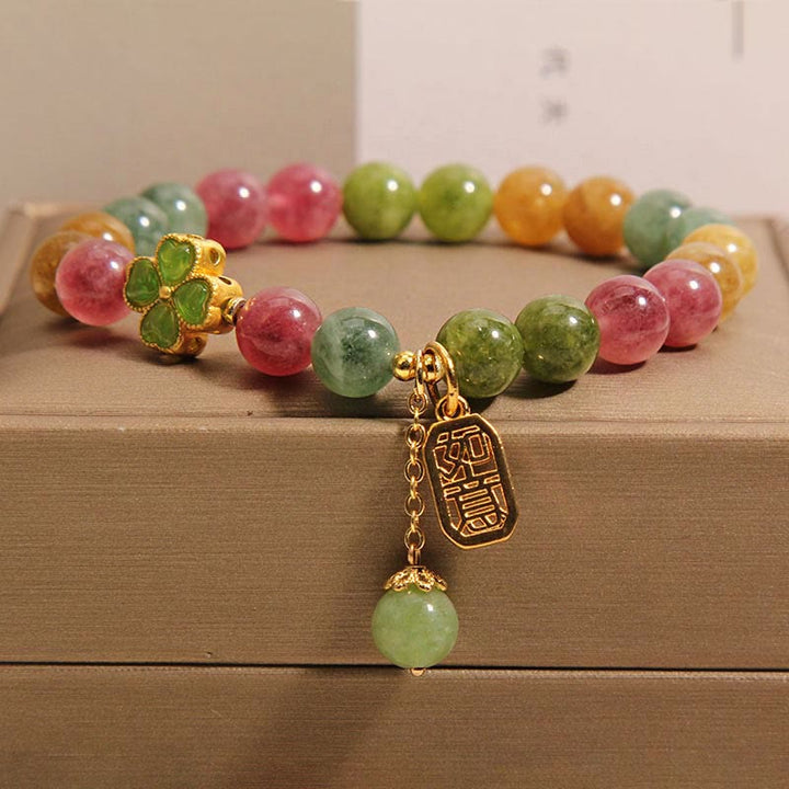 Braccialetto positivo con quadrifoglio colorato in giada e tormalina Buddha Stones