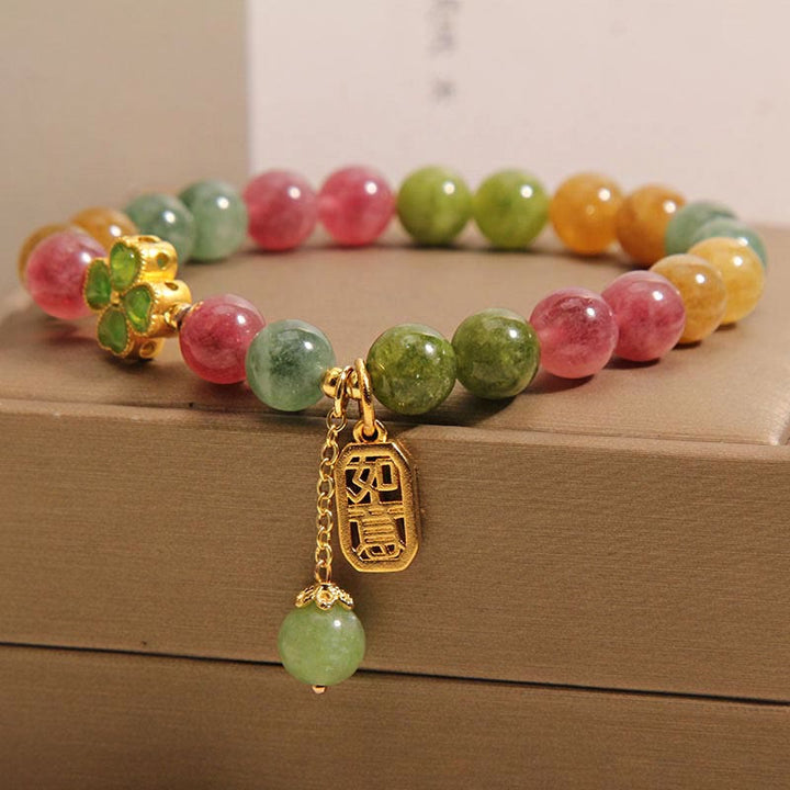 Braccialetto positivo con quadrifoglio colorato in giada e tormalina Buddha Stones