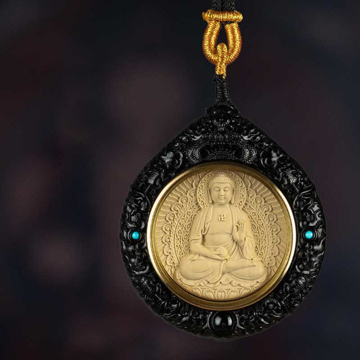 Buddha Stones Zodiaco cinese Buddha natale Piccola foglia Sandalo rosso Ebano Collana pendente Longevità - Cane/Maiale-Buddha Amitabha - Ebano - image 5