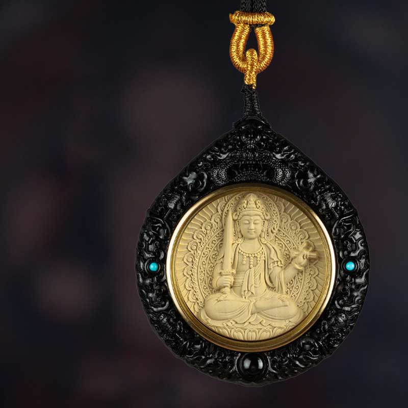 Buddha Stones Zodiaco cinese Buddha natale Piccola foglia Sandalo rosso Ebano Collana pendente Longevità - Coniglio-Manjushri Bodhisattva - Ebano - image 3