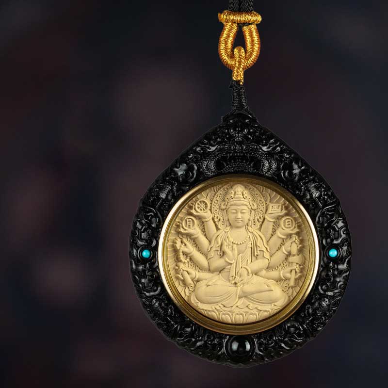 Buddha Stones Zodiaco cinese Buddha natale Piccola foglia Sandalo rosso Ebano Collana pendente Longevità - Avalokitesvara dalle mille braccia del ratto - Ebano - image 2