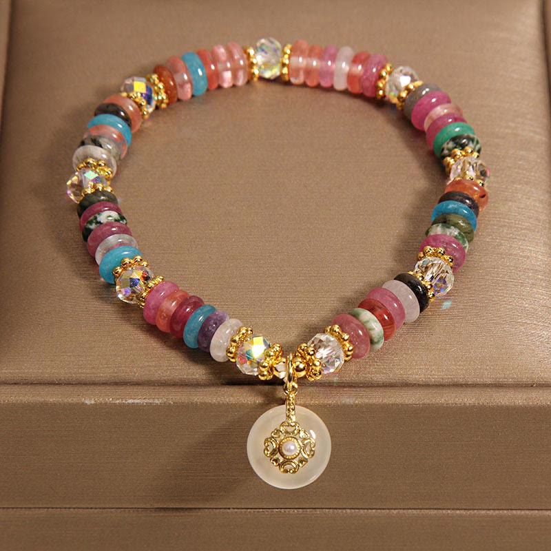Buddha Stones Vari cristalli Quarzo fragola Fibbia della pace Braccialetto di buon auspicio