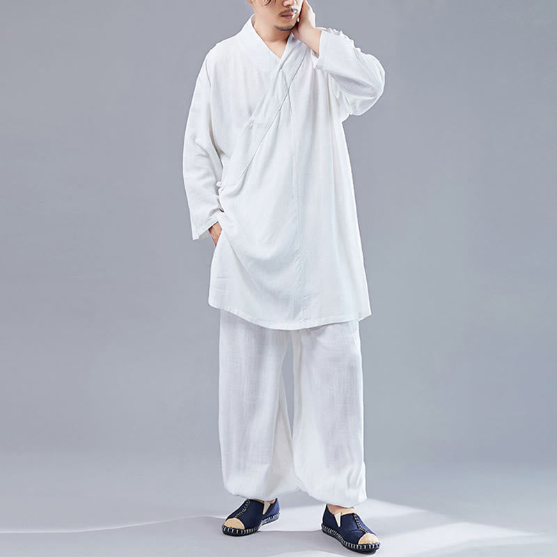 Buddha Stones 2 pezzi scollo a V da uomo manica lunga camicia top pantaloni meditazione zen tai chi cotone lino abbigliamento set