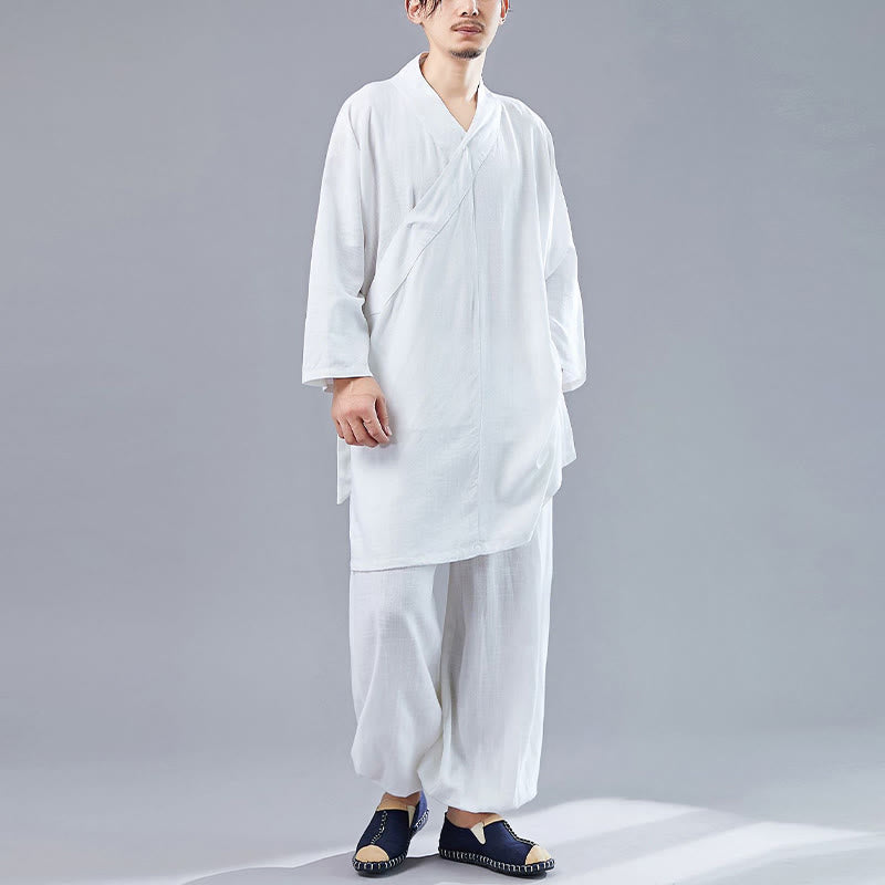 Buddha Stones 2 pezzi scollo a V da uomo manica lunga camicia top pantaloni meditazione zen tai chi cotone lino abbigliamento set