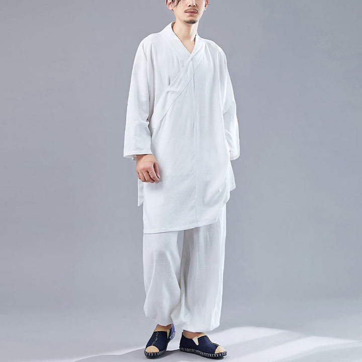 Buddha Stones 2 pezzi scollo a V da uomo manica lunga camicia top pantaloni meditazione zen tai chi cotone lino abbigliamento set